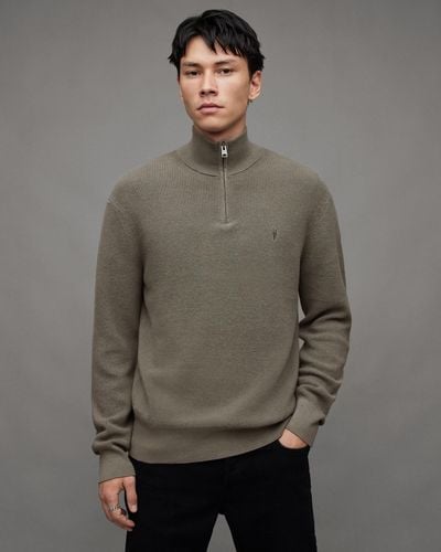 AllSaints Aspen Zip Up Funnel Neck Ramskull Sweater - Gray