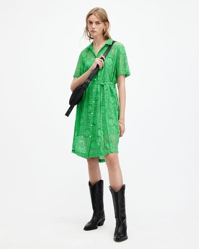 AllSaints Athea Crochet Mini Shirt Dress, - Green