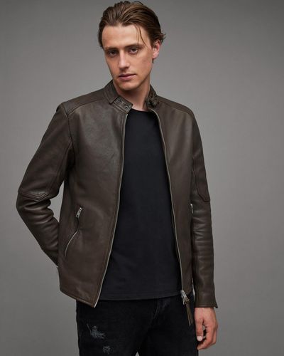 AllSaints Cora Leather Snap Back Collar Jacket - Grey