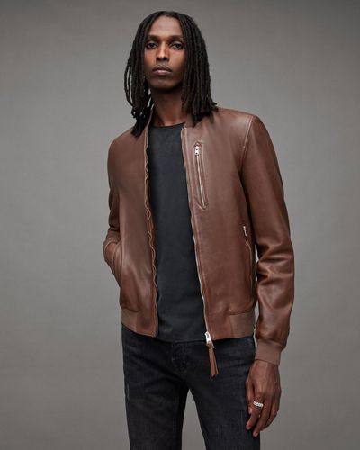 AllSaints Kemble Zip Up Leather Bomber Jacket - Brown