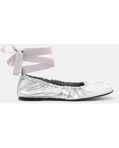 AllSaints Alia Metallic Leather Ribbon Ballet Pumps, - White