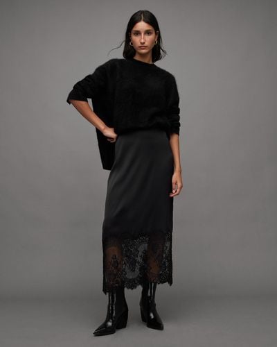 AllSaints Flora Lace Panel Midi Skirt - Black