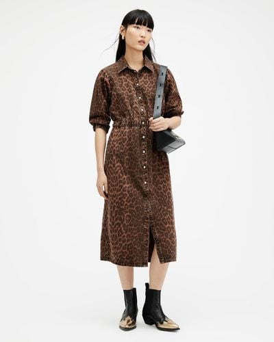 AllSaints Osa Leopard-print Elasticated-waist Denim Midi Dress - Brown
