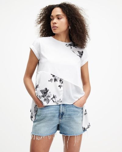 AllSaints Zala Printed Handkerchief Hem T-shirt, - Blue