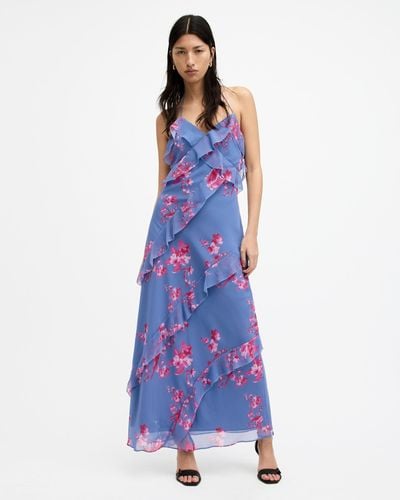 AllSaints Marina Iona Floral Print Slim Fit Dress, - Blue