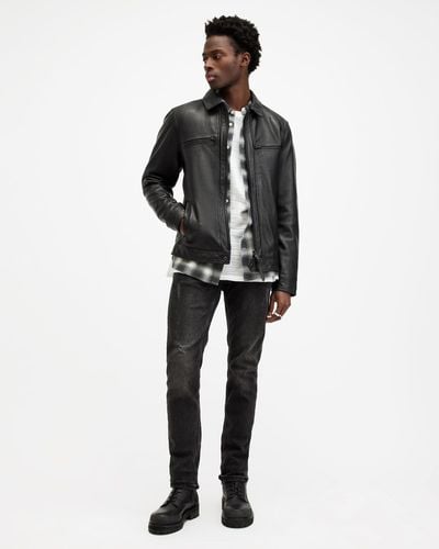 AllSaints Luck Slim Front Zip Up Leather Jacket - Grey