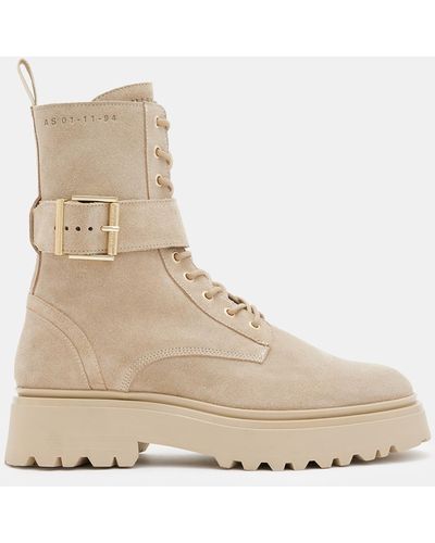 AllSaints Onyx Suede Buckle Boots - Natural