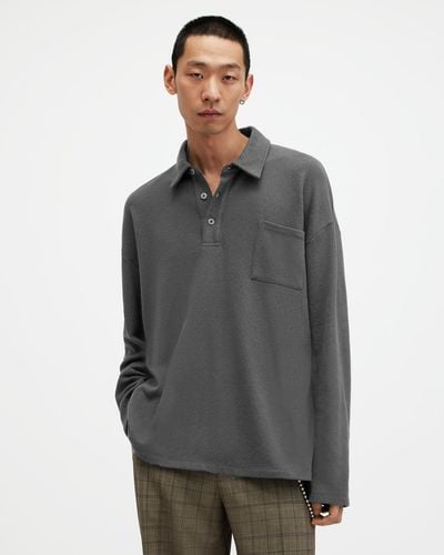 AllSaints Eris Long Sleeve Oversized Polo Shirt - Grey