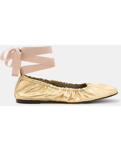 AllSaints Alia Metallic Leather Ribbon Ballet Court Shoes, - Natural