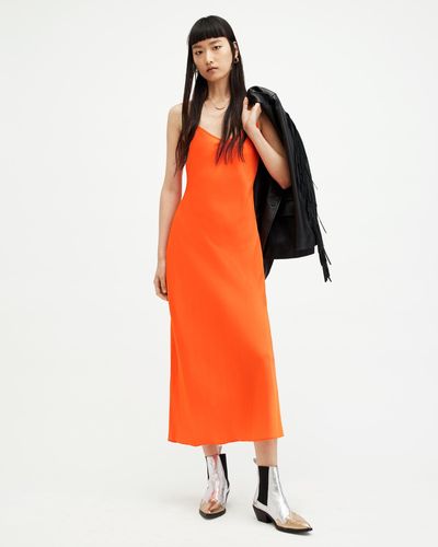 AllSaints Bryony Slim Fit V-neck Midi Slip Dress - Orange