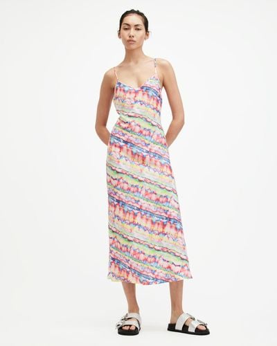 AllSaints Bryony Rainbow Print Midi Slip Dress, - Pink