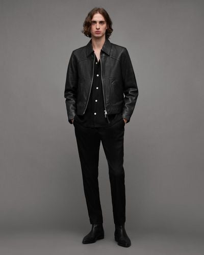 AllSaints Jun Boxy Cropped Leather Jacket - Grey