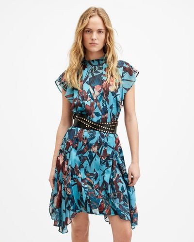AllSaints Fleur Asymmetric Hem Mini Dress, - Blue
