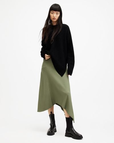 AllSaints Gia Ribbed Asymmetric Midi Skirt - Green
