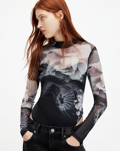 AllSaints Elia Mesh Valley Print Bodysuit - Gray