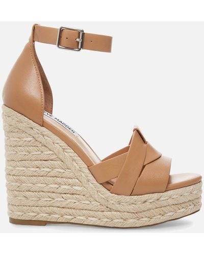 Steve Madden Sivian Silver-toned Hardware Leather Wedge Sandals - Brown