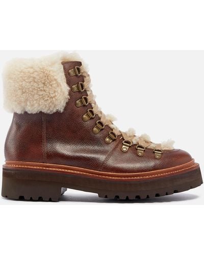Grenson Nettie Leather And Shearling Hiking-style Boots - Brown