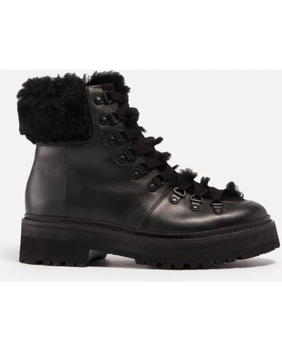 Grenson Nettie Shearling-Trimmed Leather Hiking-Style Boots - Black