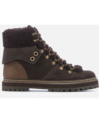 See By Chloé Suede/Shearling Lined Hiking Styled Boots - Brown