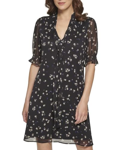 DKNY Fit And Flare Short Sleeve Tie Neck Dress - Black