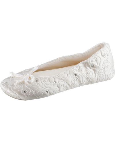 Isotoner Womens Ballerina Slippers With Terry Lined And Rose Quilt Ballet Flat - White