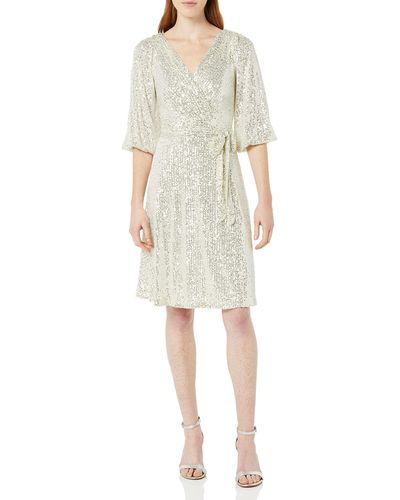 DKNY Long Sleeve Sequin Surplice Faux Wrap - Natural