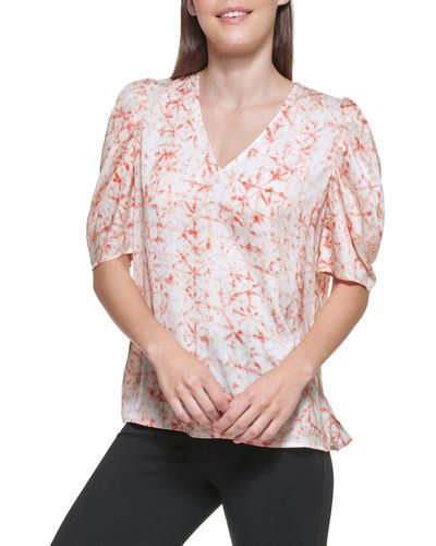 DKNY Puff Sleeve Blouse Easy Everyday Top - Red