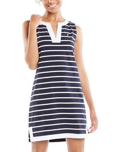 Nautica Breton Stripes Sleeveless V-Neck Stretch Cotton Polo Dress Freizeitkleidung - Blau