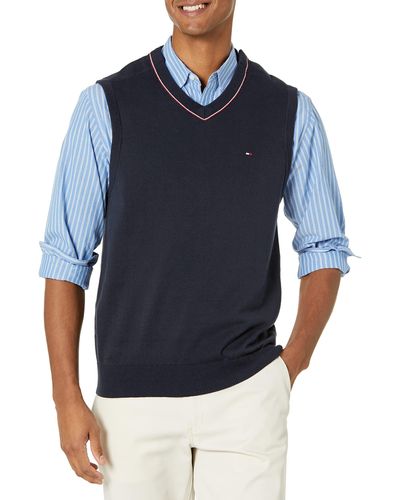Tommy Hilfiger Mens Adaptive Vest With Velcro Brand Closure Shoulders Sweater - Blue