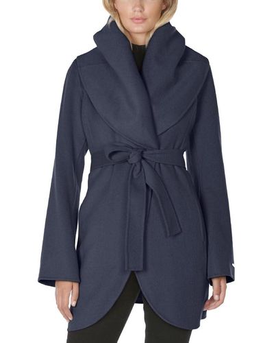 Tahari Double Face Wool Blend Wrap Coat With Oversized Collar - Blue