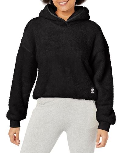 adidas Originals Womens Essentials Fluffy Teddy Hoodie Hooded Sweatshirt - Black