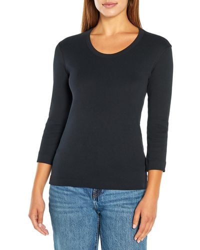 Three Dots Womens Essential Heritage 3/4 Sleeve Scoop Neck Tee T Shirt - Black