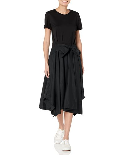 DKNY Mixed-media Tie-front Short Sleeve Knit Dress - Black