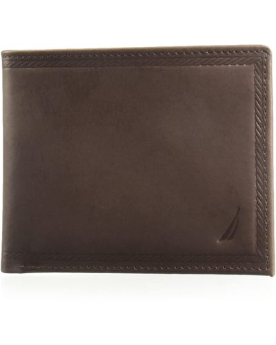 Nautica Sail Embossed Bifold Leather Wallet With 6 Slots And Rfid Protection - Brown