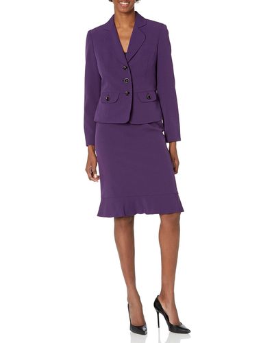 Kasper Womens Crepe Three Button Jacket And Flap Pockets Flounce Suit Skirt Set - Purple