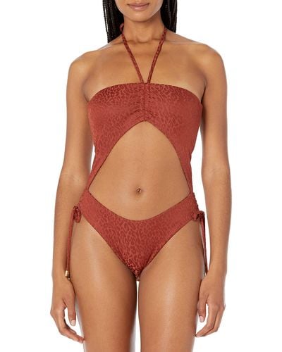 BCBGMAXAZRIA Standard Cut Out One Piece Swimsuit With Drawstrings - Red