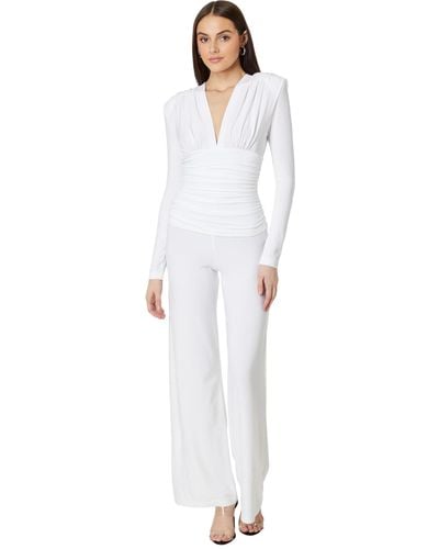 Norma Kamali V-neck Long Sleeve Shirred Waist Jumpsuit With Shoulder Pads - White
