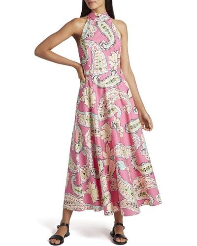 Tahari Sleeveless Mock Neck Print Maxi Dress - Pink
