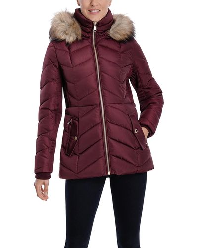 London Fog Short Puffer Jacket With Detachable Faux Fur Hood - Red