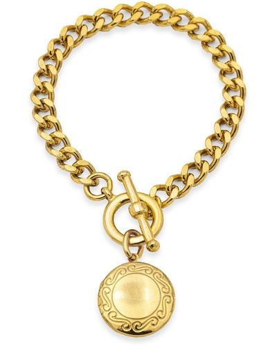 Ben-Amun 24k Gold Plated Made In New York Round Locket Bracelet Charm Pendant Chain Link Vintage For Anniversary Valentines Gift Fashion - Metallic