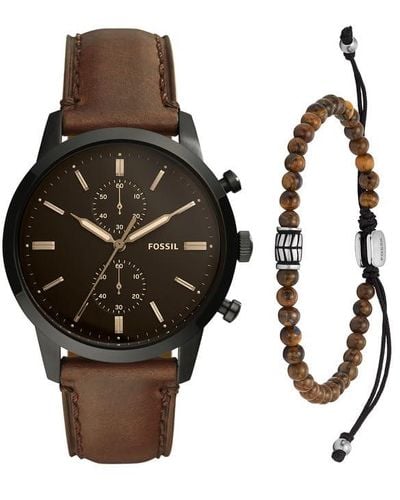 Fossil Townsman Quartz Stainless Steel And Leather Chronograph Watch Beaded Tigers Eye Bracelet - Brown