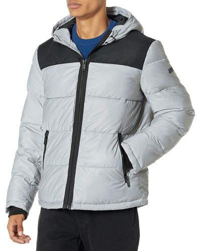 DKNY Shawn Quilted Mixed Media Hooded Puffer Jacket - Gray