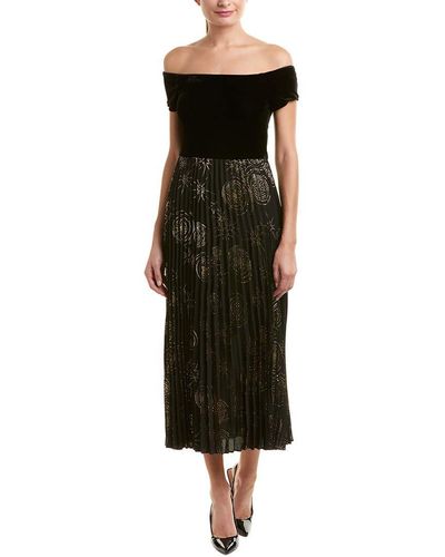Donna Morgan Off The Shoulder Midi Dress W/ Metallic Pleated Skirt (black/gold Multi) Dress