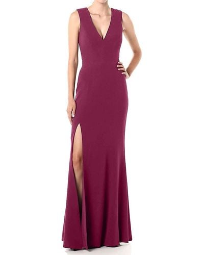 Dress the Population Womens Sandra Plunging Thick Strap Solid Gown With Slit Dress - Red
