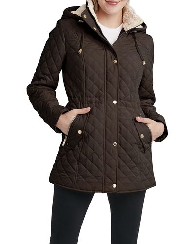 Laundry by Shelli Segal 3/4 Quilted Faux Shearling Jacket With Hood - Black