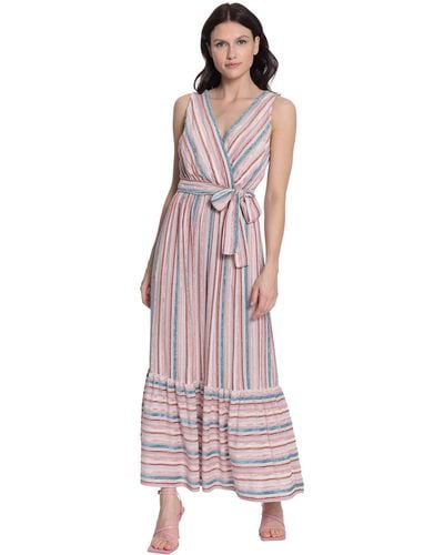 Donna Morgan Striped Sleeveless V-neck Maxi Dress With Waist Tie And Hem Tier - Pink