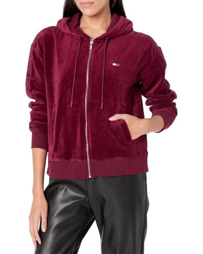 Tommy Hilfiger Casual Front Pockets Velour Full Zip Hoodie - Red