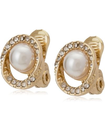 Anne Klein Gold/pearl/crystal Pave Halo Twist Button Ez Comfort Clip Earrings - Metallic