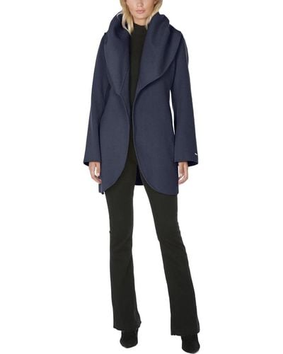 Tahari Double Face Wool Blend Wrap Coat With Oversized Collar - Blue