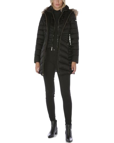 Laundry by Shelli Segal 3/4 Puffer Jacket With Detachable Faux Fur Strip And Bib Down Alternative Coat - Black